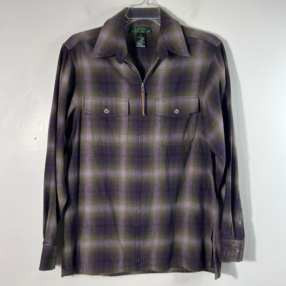 Vintage 90s Lauren Ralph Lauren Plaid Cotton Flannel Shacket Zip Pockets S‎